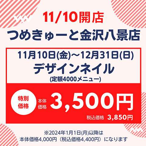 >11月10日（金）金沢八景店 OPEN★期間限定デザインネイル本体価格3,500円（税込価格3,850円）に！