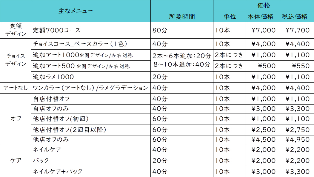 通常価格・メニュー